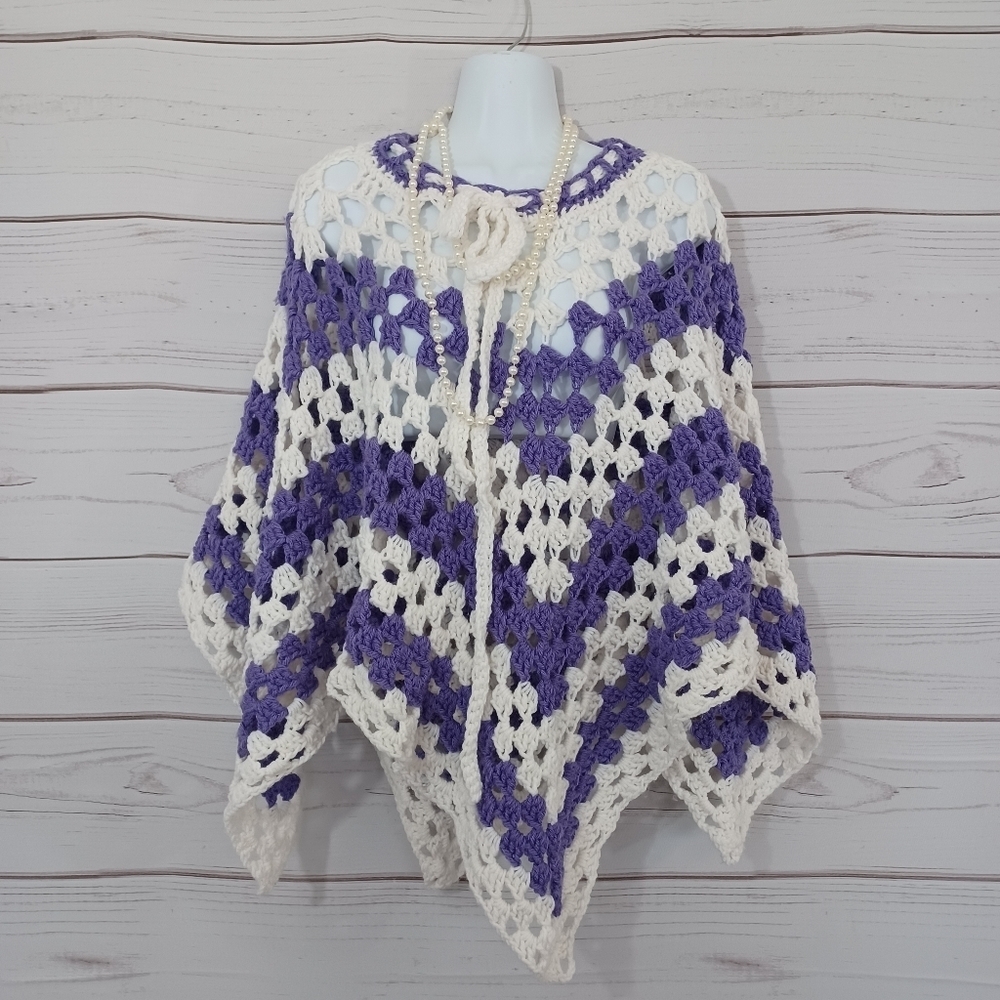 Crochet White & Purple Winter Shaw Shrug Wrap Poncho Sweater Top Cover